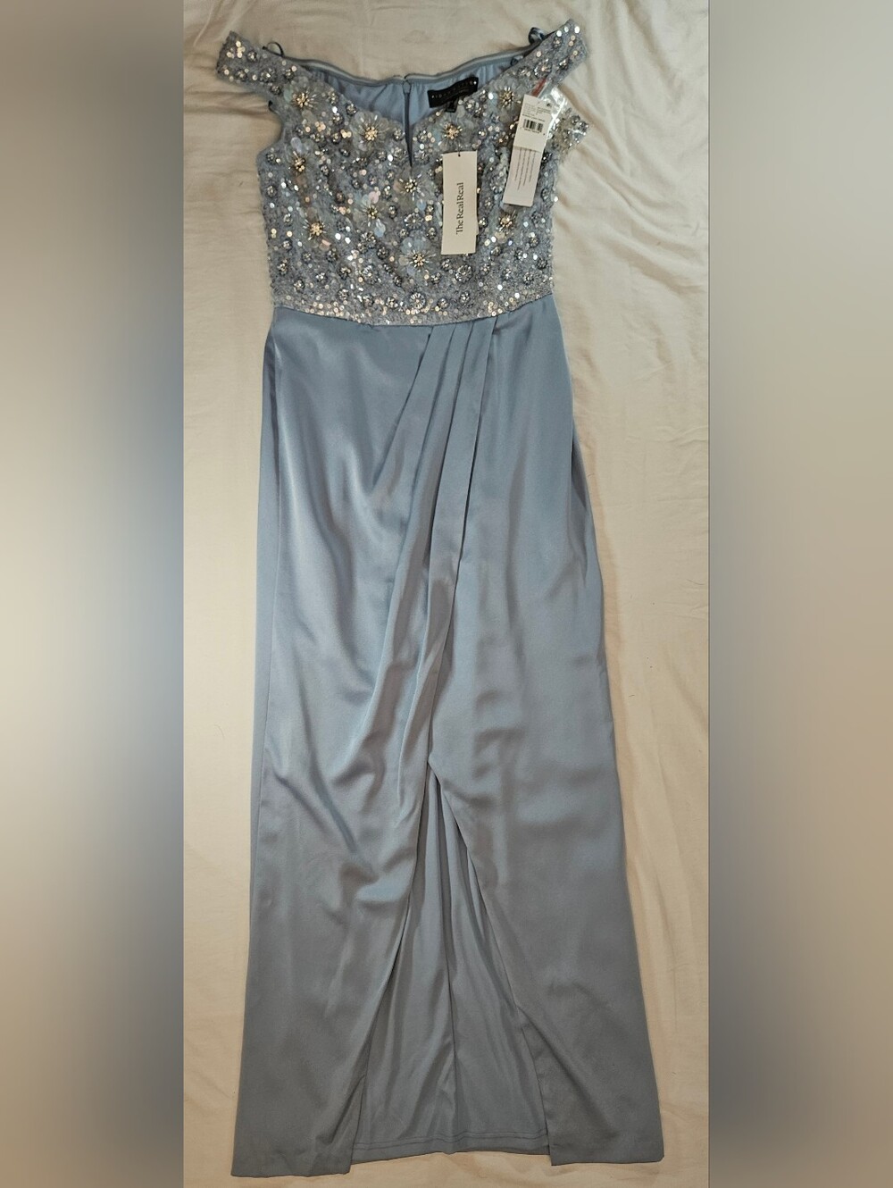 Aiden Mattox Womens Sky Blue Beaded & Sequin Off The Shoulder Column Dress Sz 8